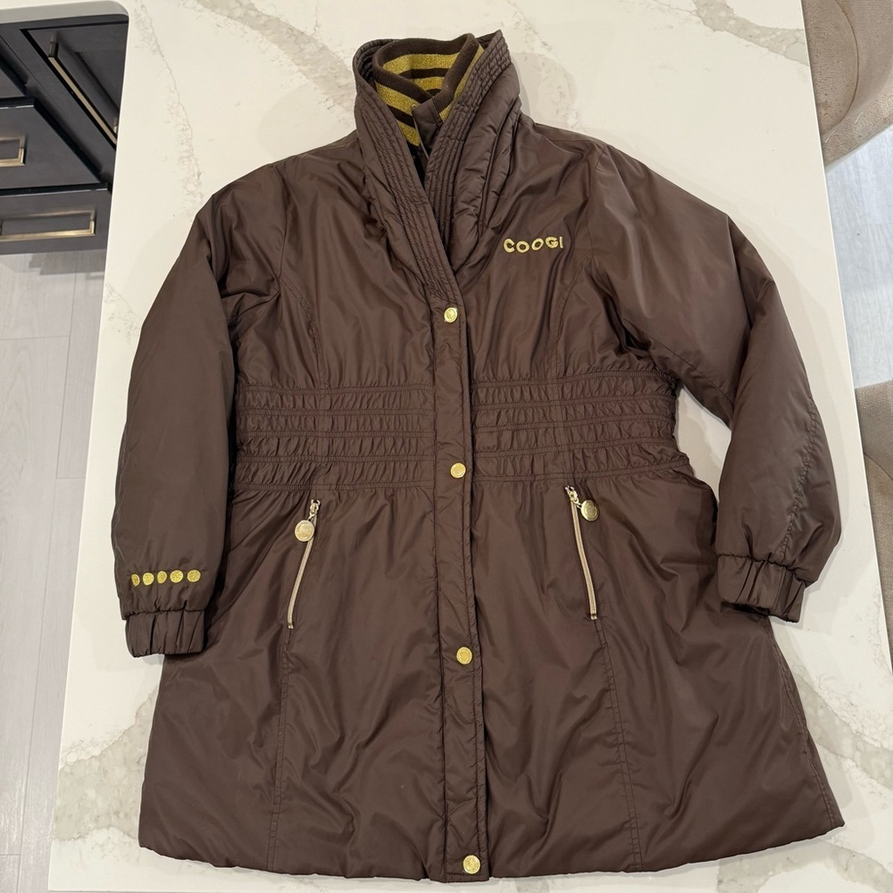 Vintage COOGI Long Puffer Coat Cinch Waist Women’s 2X Brown/Gold Large Back Logo